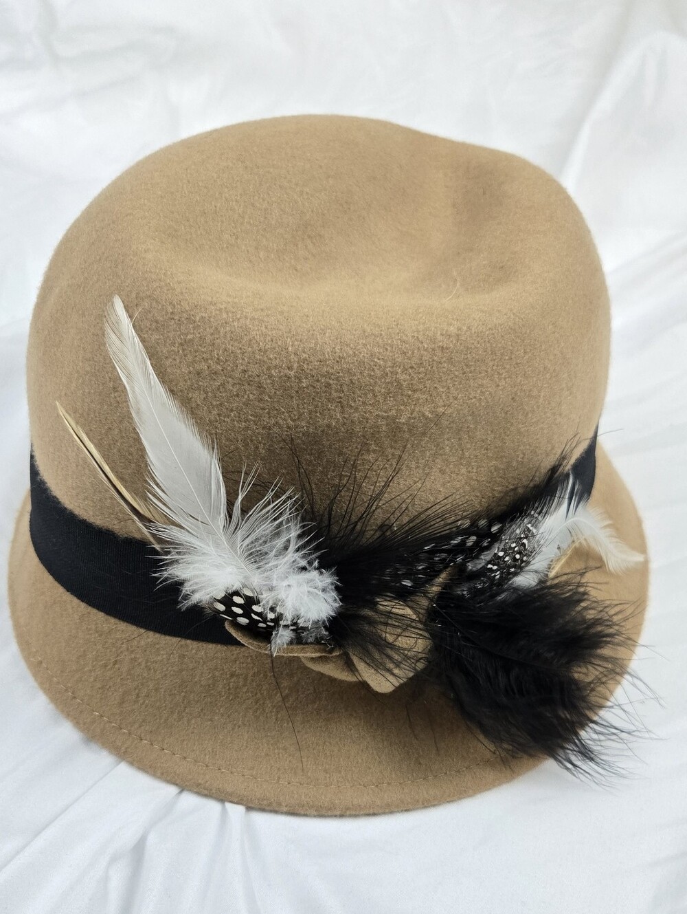 Magid Hats Women's 100% Wool Cloche Bucket Hat Camel Tan Feather Accent One Size
